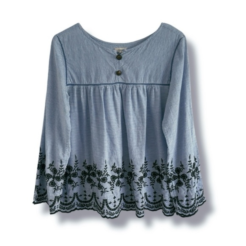 KYLA SEO TOP BLUE WHITE STRIPE EMBROIDERED TOP SZ S
